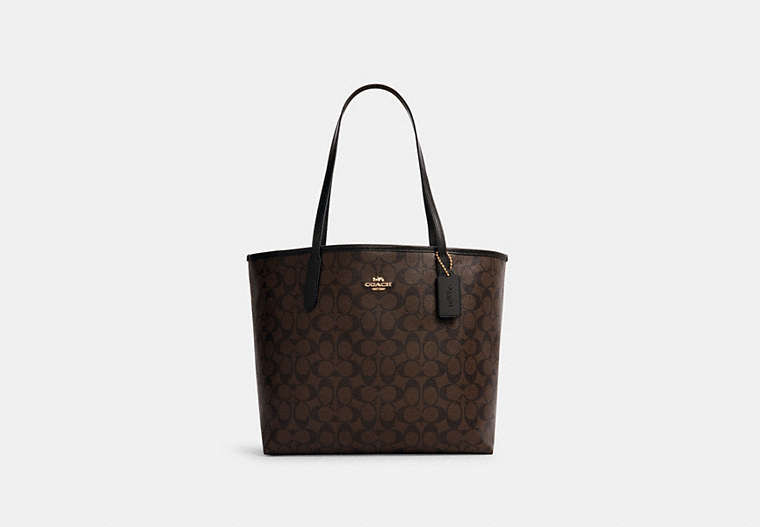COACH®,CITY TOTE IN SIGNATURE CANVAS,pvc,X-Large,Everyday,Gold/Brown Black,Front View