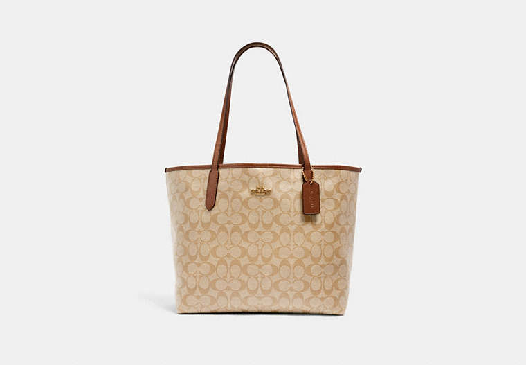 COACH®,CITY TOTE BAG IN SIGNATURE CANVAS,pvc,X-Large,Everyday,Gold/Light Khaki/Saddle,Front View