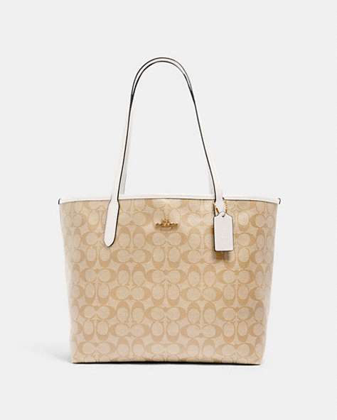 COACH®,CITY TOTE IN SIGNATURE CANVAS,pvc,X-Large,Everyday,Gold/Light Khaki Chalk,Front View