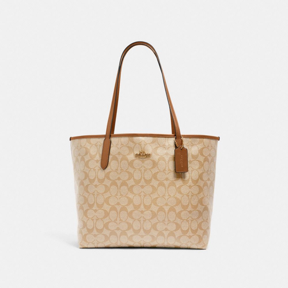 Coach City Tote in Signature Canvas Shoulder Bag - Gold/Brown （5696)