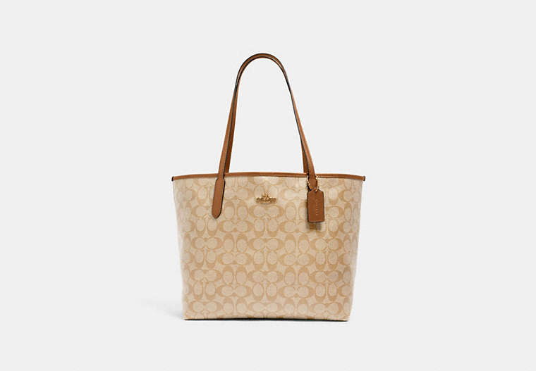 COACH®,CITY TOTE IN SIGNATURE CANVAS,pvc,X-Large,Everyday,Gold/Lt Khaki/Lt Saddle,Front View
