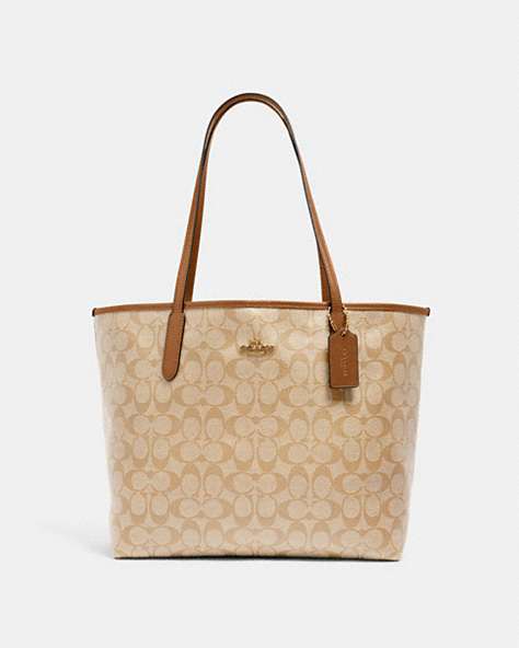 COACH®,CITY TOTE IN SIGNATURE CANVAS,pvc,Everyday,Gold/Lt Khaki/Lt Saddle,Front View
