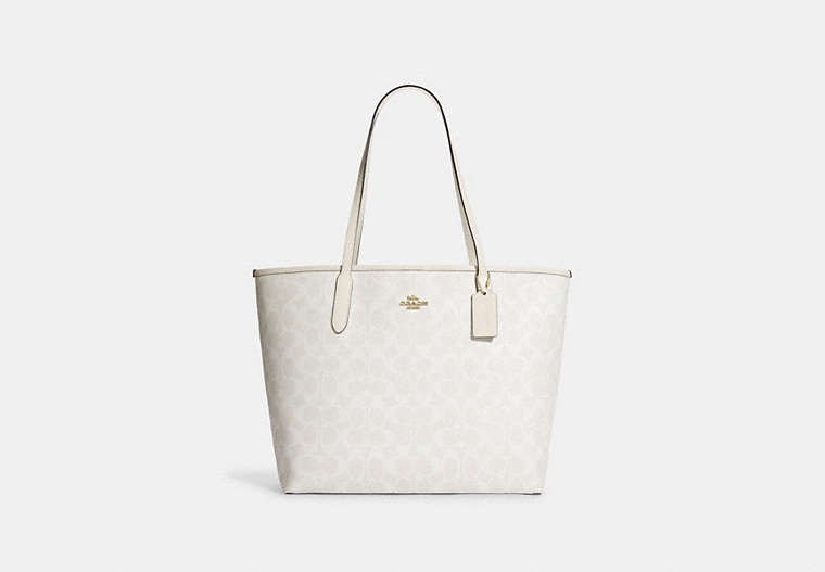 COACH®,CITY TOTE IN SIGNATURE CANVAS,pvc,X-Large,Everyday,Gold/Chalk/Glacierwhite,Front View image number 0