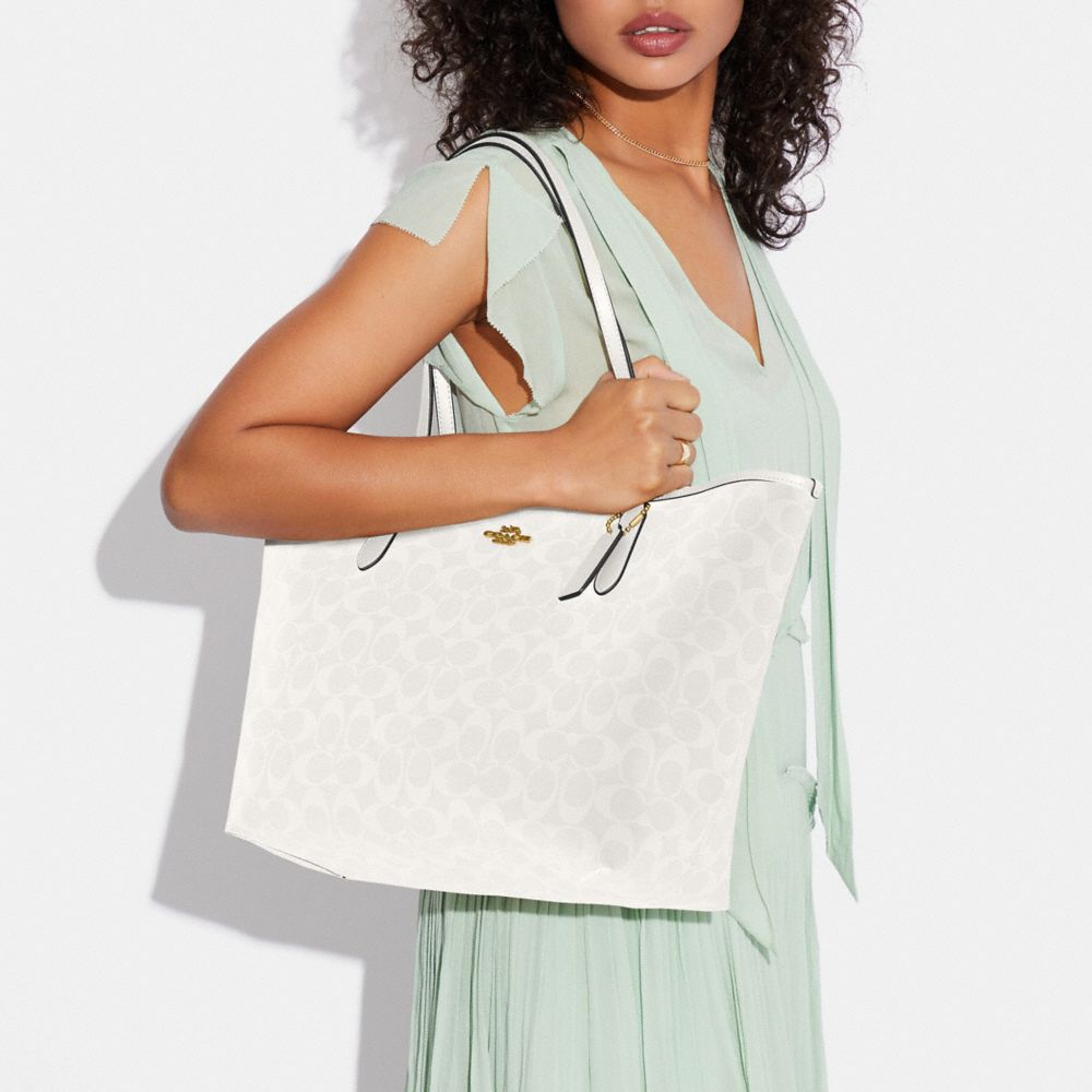 COACH®,City Tote Bag In Signature Canvas,Canvas,Leather,Tote,PVC,Logo,Gold Metal,Work,Multi Color,Detail View