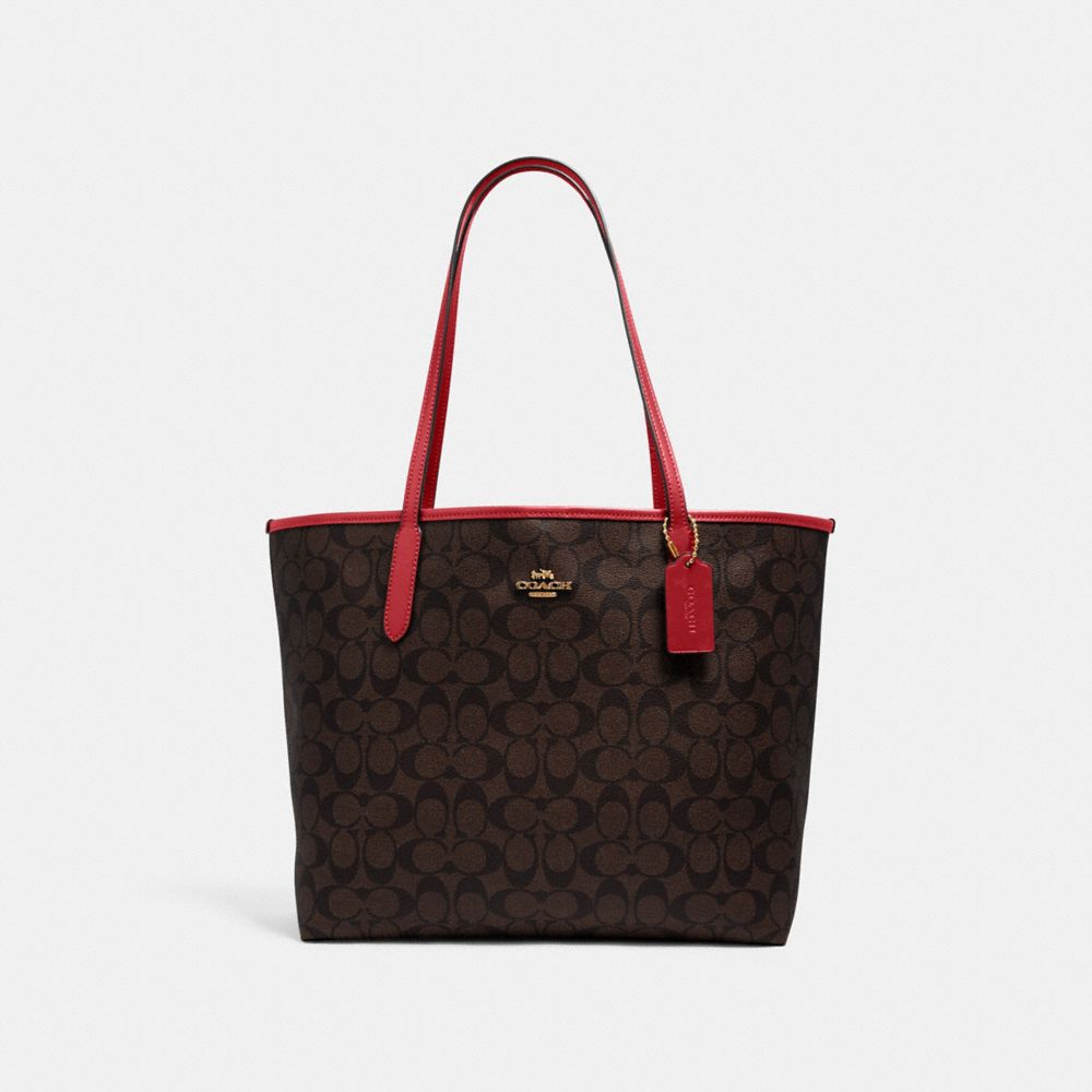 COACH®,CITY TOTE BAG IN SIGNATURE CANVAS,Signature Canvas,X-Large,Everyday,Gold/Brown 1941 Red,Front View