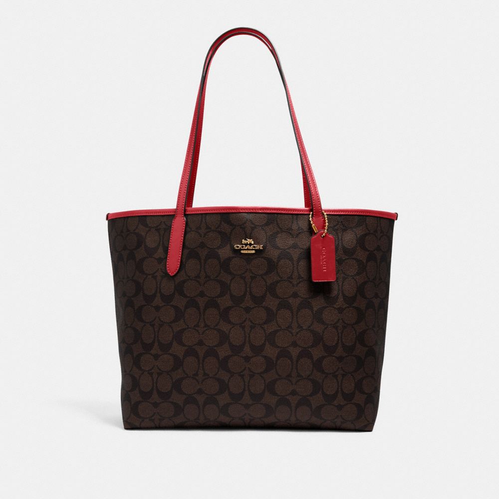 COACH®,CITY TOTE BAG IN SIGNATURE CANVAS,pvc,X-Large,Everyday,Gold/Brown 1941 Red,Front View