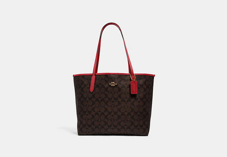 COACH®,CITY TOTE IN SIGNATURE CANVAS,pvc,X-Large,Everyday,Gold/Brown 1941 Red,Front View