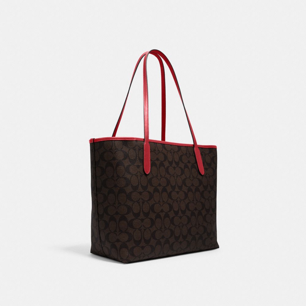 COACH®,CITY TOTE BAG IN SIGNATURE CANVAS,Signature Canvas,X-Large,Everyday,Gold/Brown 1941 Red,Angle View