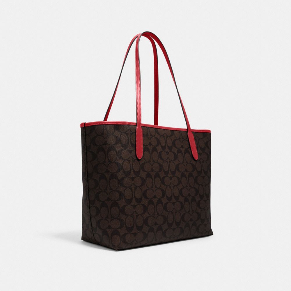 COACH®,CITY TOTE BAG IN SIGNATURE CANVAS,Signature Canvas,X-Large,Everyday,Gold/Brown 1941 Red,Angle View