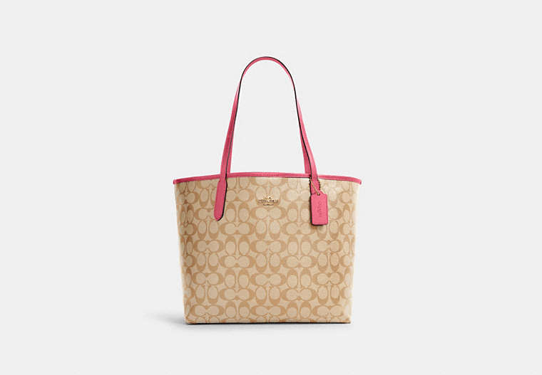 COACH®,CITY TOTE IN SIGNATURE CANVAS,pvc,X-Large,Everyday,Gold/Light Khaki/Confetti Pink,Front View
