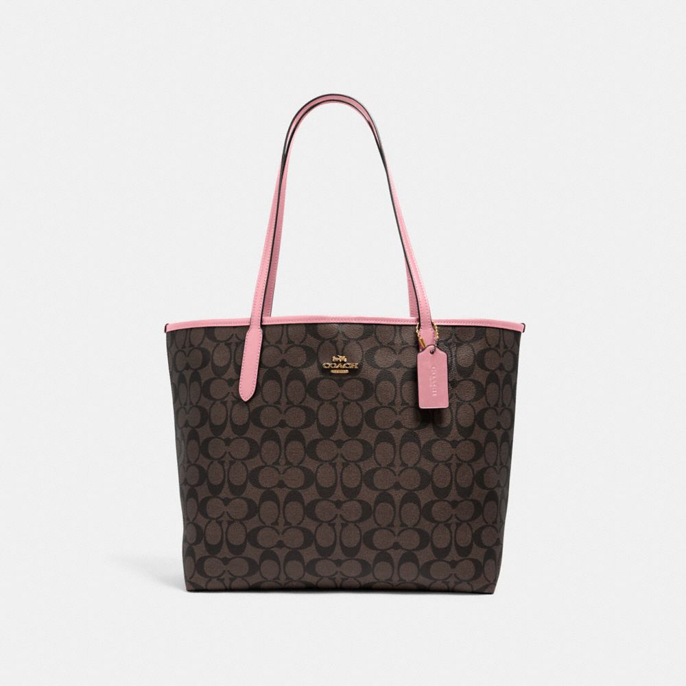 COACH®,City Tote Bag In Signature Canvas,Leather,Canvas,Tote,PVC,Logo,Gold Metal,Work,,Front View