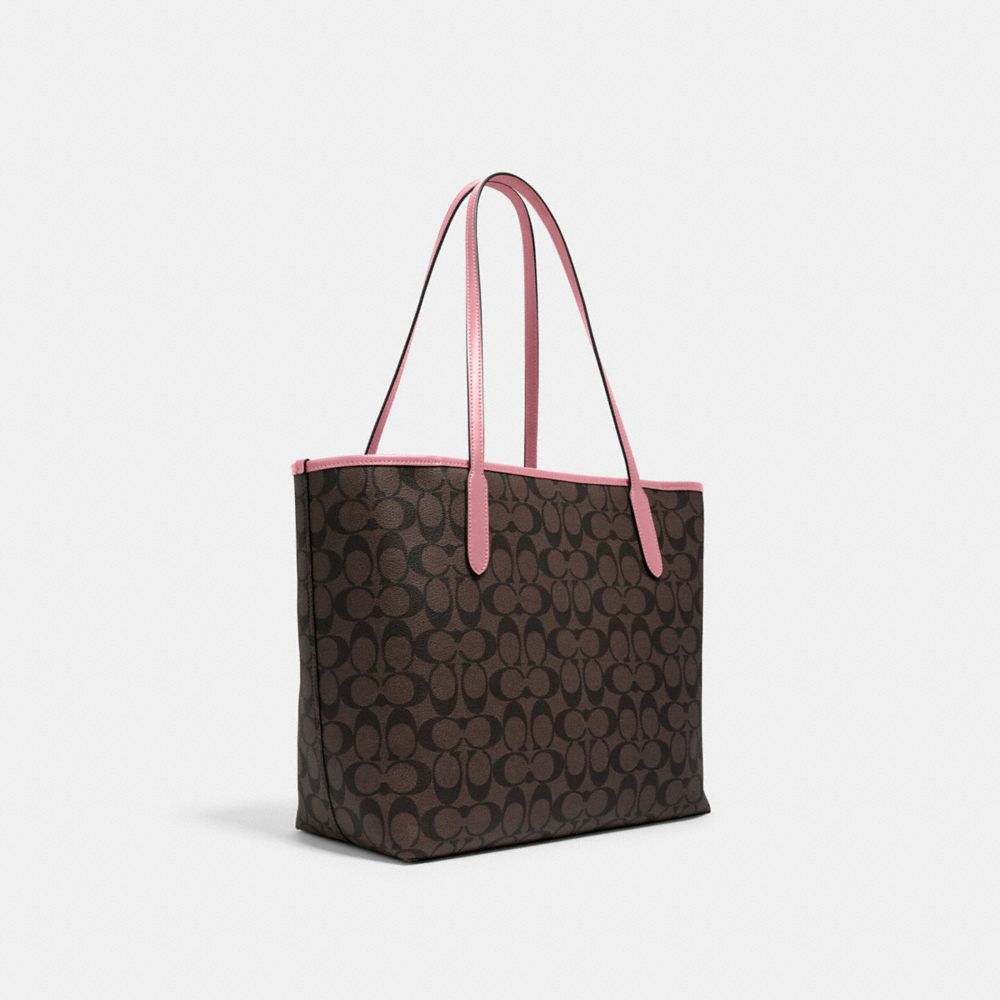 COACH®,City Tote Bag In Signature Canvas,Leather,Canvas,Tote,PVC,Logo,Gold Metal,Work,,Angle View