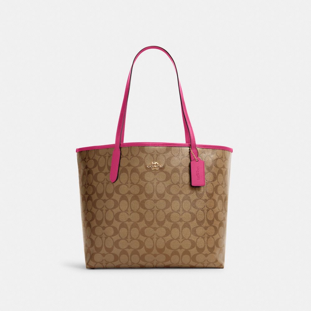 COACH®,City Tote Bag In Signature Canvas,Canvas,Leather,Tote,PVC,Logo,Gold Metal,Work,,Front View