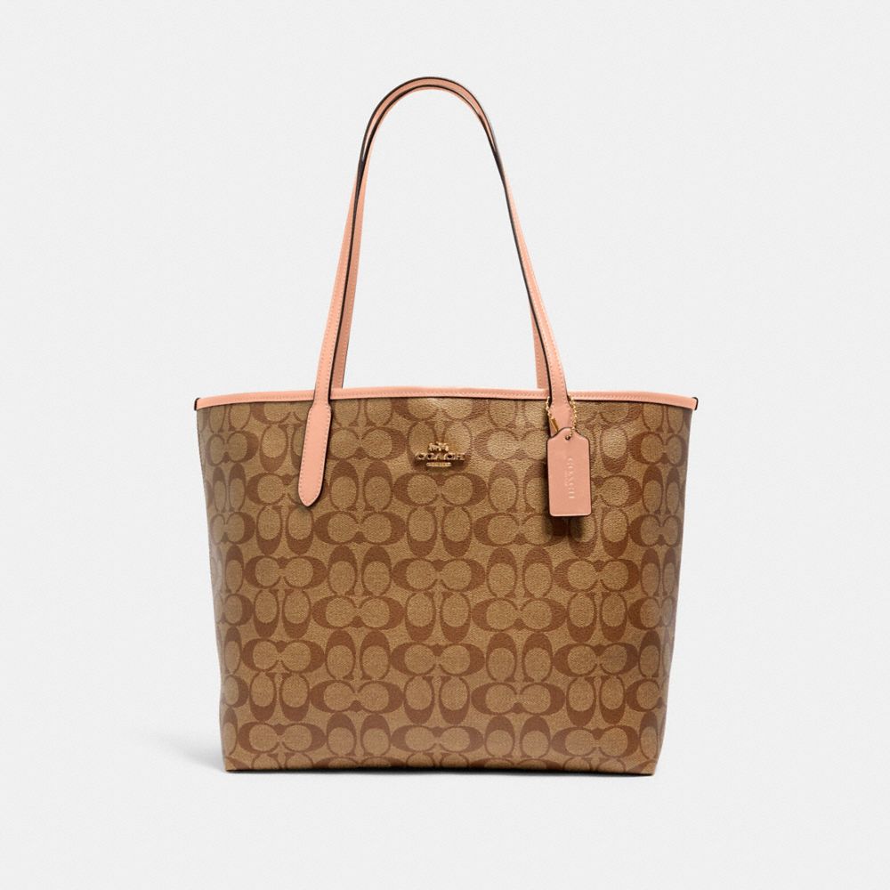 COACH®,CITY TOTE BAG IN SIGNATURE CANVAS,Signature Canvas,X-Large,Everyday,Gold/Light Khaki/Faded Blush,Front View