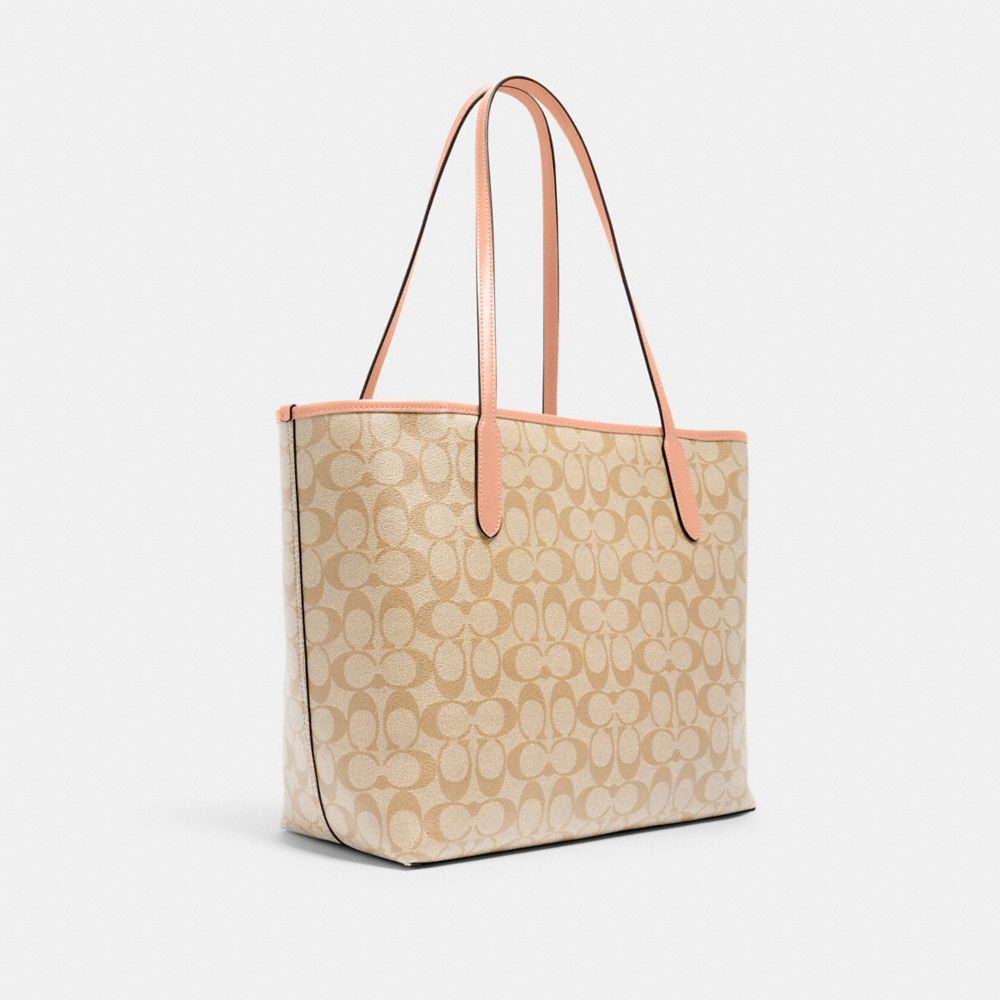 COACH®,CITY TOTE BAG IN SIGNATURE CANVAS,Signature Canvas,X-Large,Everyday,Gold/Light Khaki/Faded Blush,Angle View