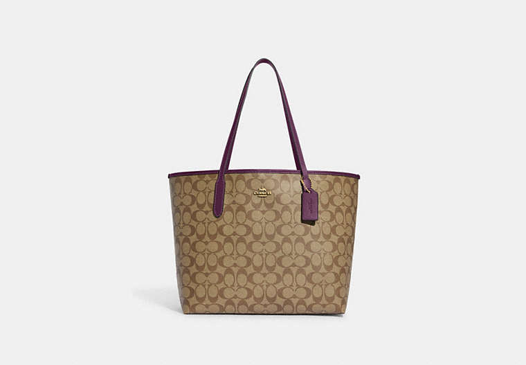 COACH®,CITY TOTE BAG IN SIGNATURE CANVAS,pvc,X-Large,Everyday,Im/Khaki/Boysenberry,Front View
