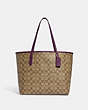 COACH®,CITY TOTE BAG IN SIGNATURE CANVAS,pvc,X-Large,Everyday,Im/Khaki/Boysenberry,Front View