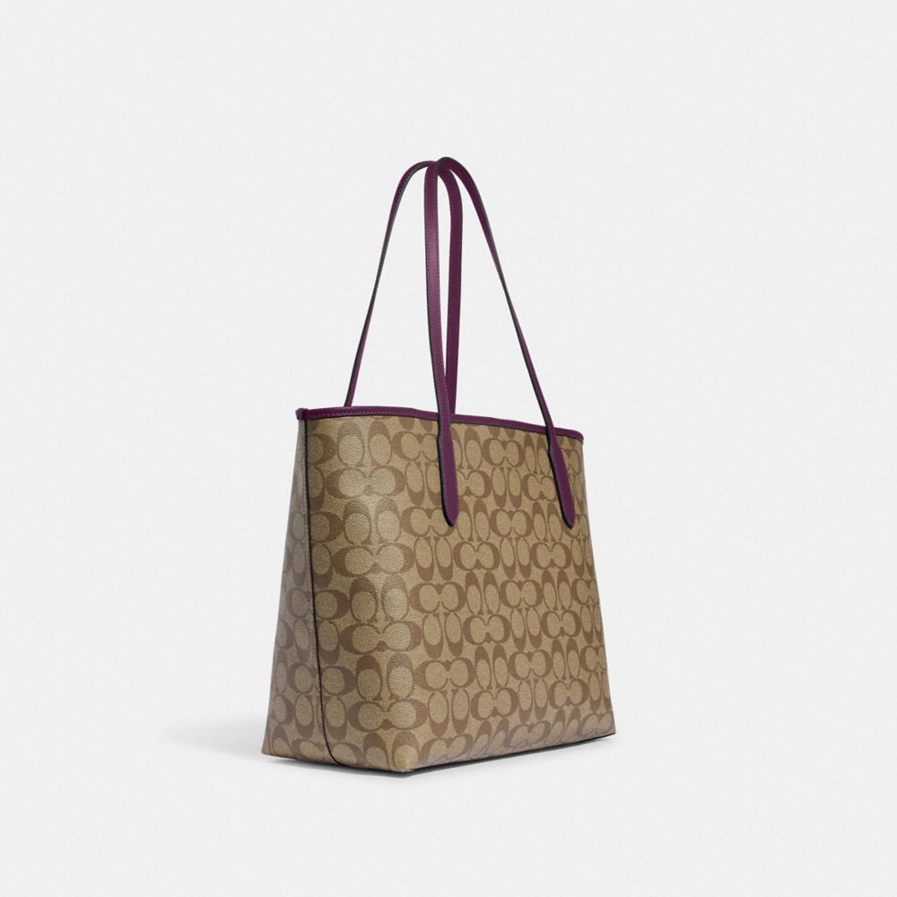 COACH®,City Tote Bag In Signature Canvas,Canvas,Leather,Tote,PVC,Logo,Gold Metal,Work,Multi Color,Angle View