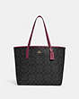 COACH®,CITY TOTE BAG IN SIGNATURE CANVAS,pvc,X-Large,Everyday,Im/Graphite/Black Cherry,Front View