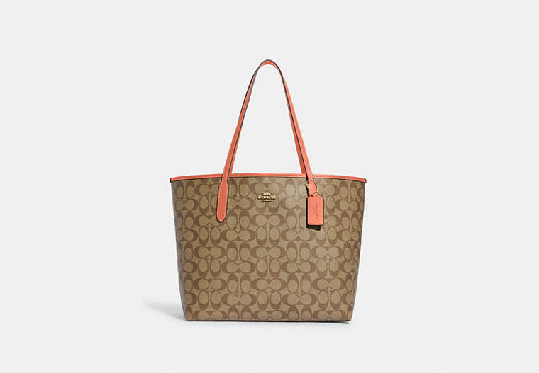 COACH®,CITY TOTE BAG IN SIGNATURE CANVAS,pvc,X-Large,Everyday,Im/Khaki/Light Coral,Front View