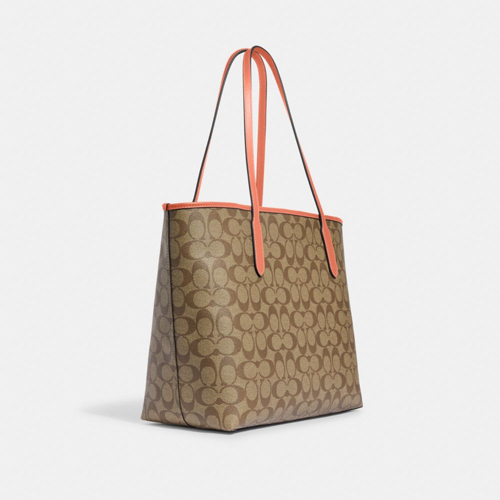 COACH®,CITY TOTE BAG IN SIGNATURE CANVAS,Signature Canvas,X-Large,Everyday,Im/Khaki/Light Coral,Angle View