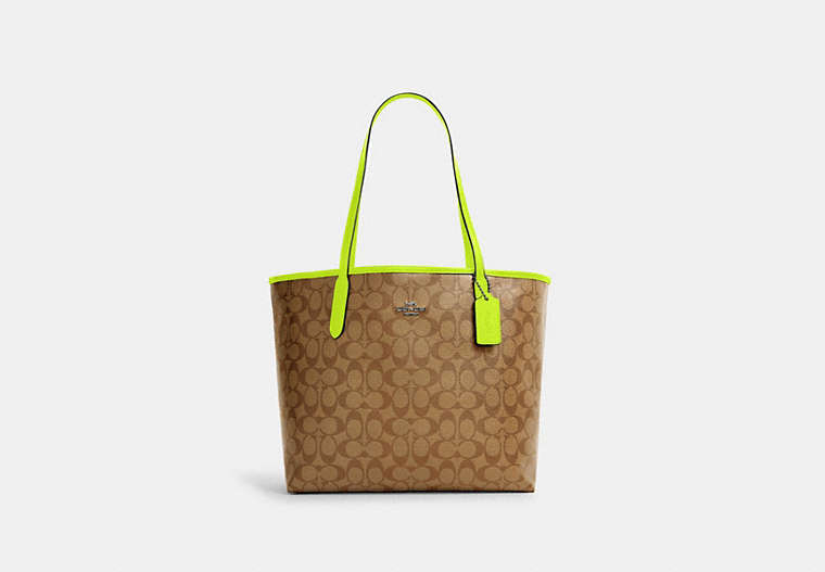 COACH®,CITY TOTE BAG IN SIGNATURE CANVAS,pvc,X-Large,Everyday,Gunmetal/Khaki/Glo Lime,Front View