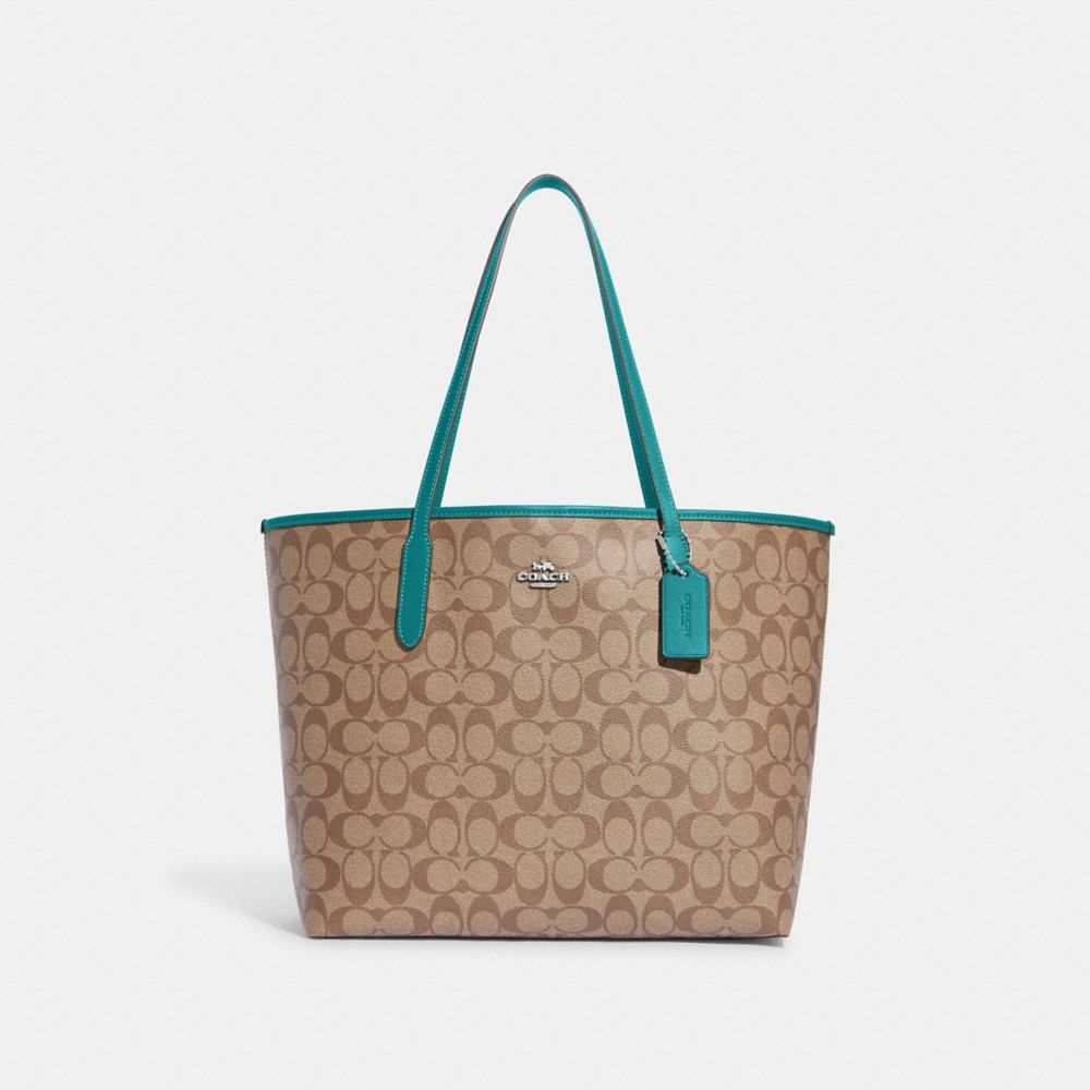 COACH®,CITY TOTE BAG IN SIGNATURE CANVAS,Signature Canvas,X-Large,Everyday,Silver/Khaki/Teal,Front View