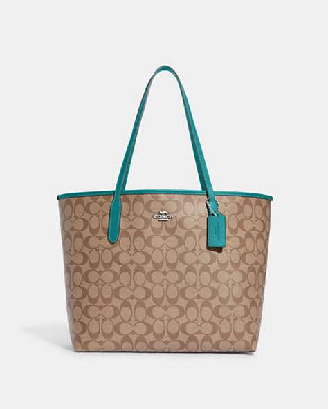 COACH®,CITY TOTE BAG IN SIGNATURE CANVAS,pvc,X-Large,Everyday,Silver/Khaki/Teal,Front View