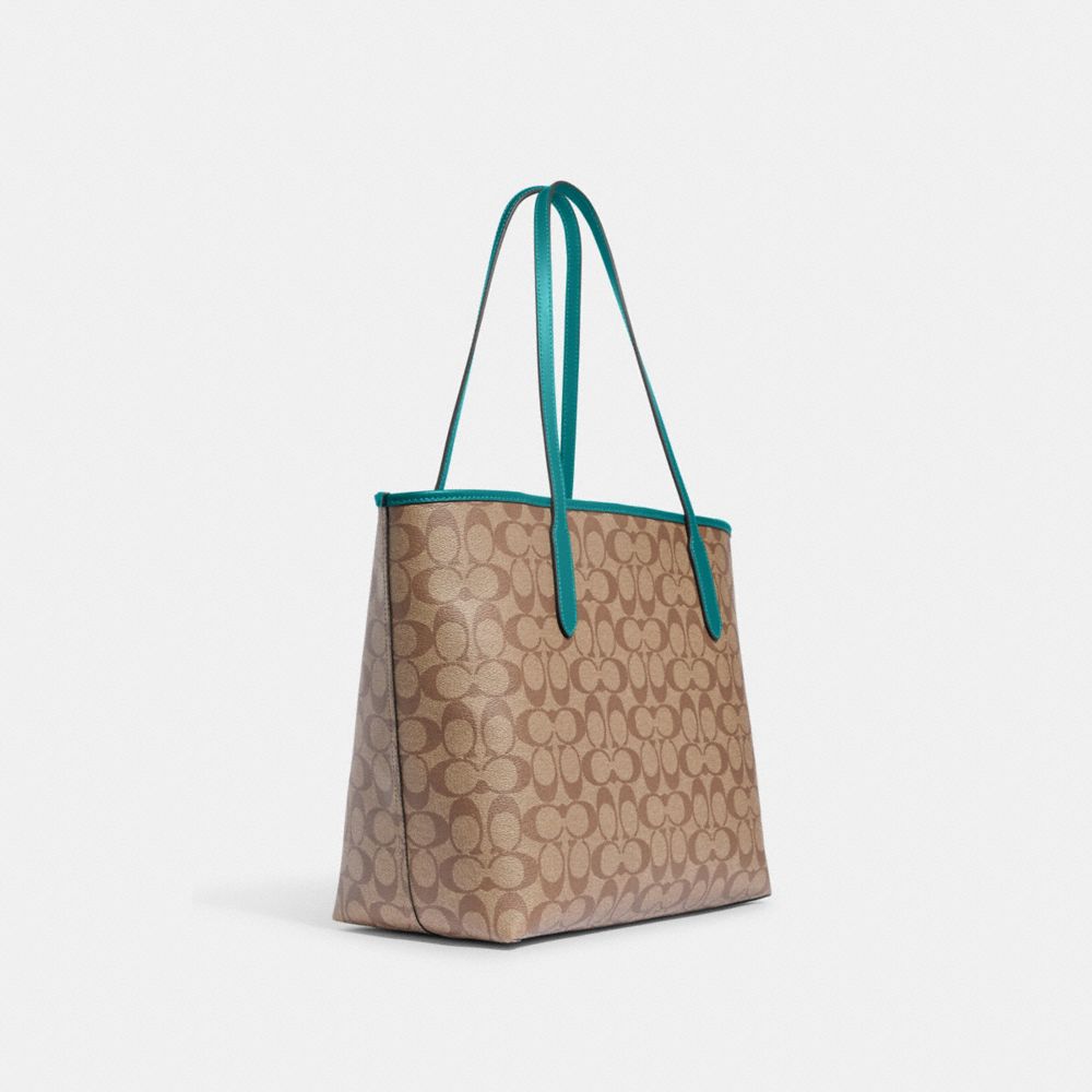 COACH®,CITY TOTE BAG IN SIGNATURE CANVAS,Signature Canvas,X-Large,Everyday,Silver/Khaki/Teal,Angle View