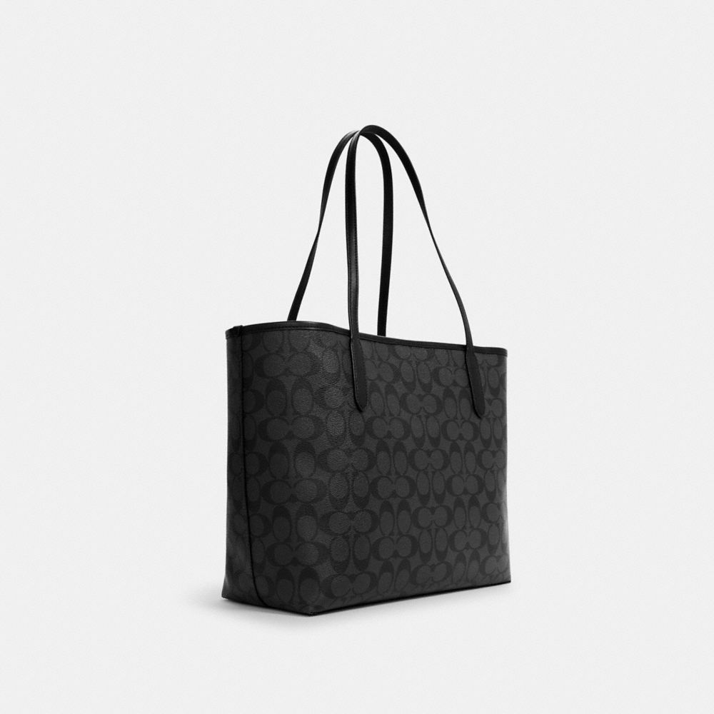COACH®,CITY TOTE BAG IN SIGNATURE CANVAS,Signature Canvas,X-Large,Everyday,Silver/Graphite/Black,Angle View
