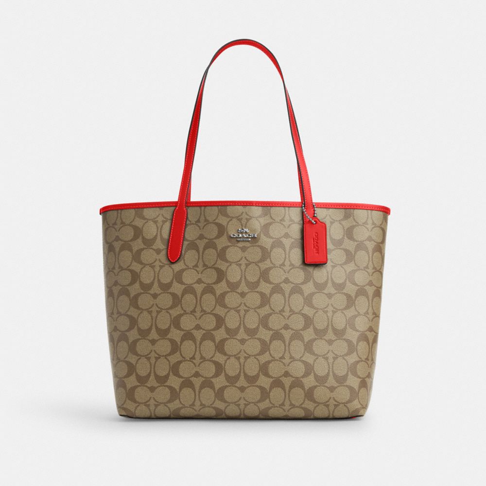 COACH®,CITY TOTE BAG IN SIGNATURE CANVAS,Signature Canvas,X-Large,Everyday,Silver/Khaki/Miami Red,Front View
