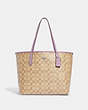 COACH®,CITY TOTE BAG IN SIGNATURE CANVAS,pvc,X-Large,Everyday,Silver/Light Khaki/Ice Purple,Front View