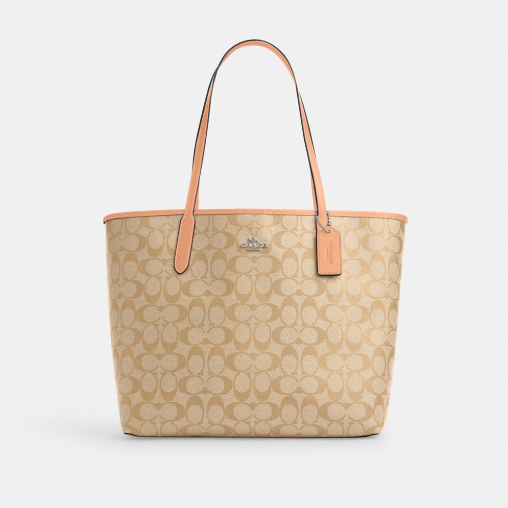 COACH®,CITY TOTE BAG IN SIGNATURE CANVAS,Signature Canvas,X-Large,Everyday,Sv/Light Khaki/Faded Blush,Front View