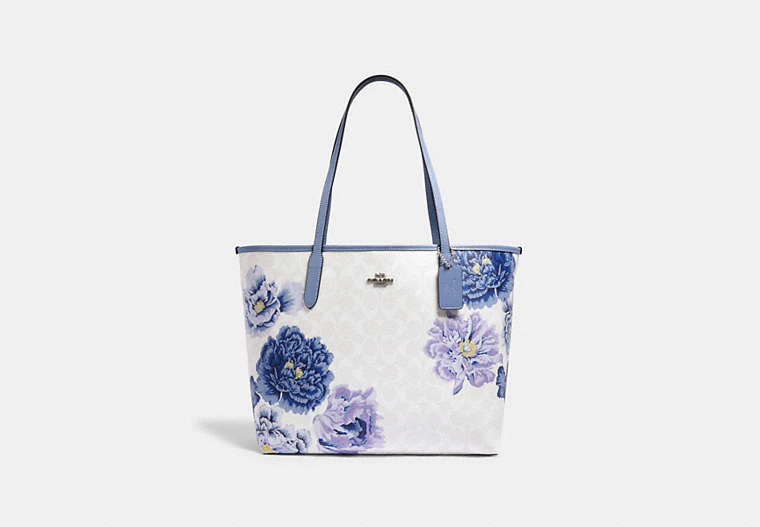 COACH®,CITY TOTE IN SIGNATURE CANVAS WITH KAFFE FASSETT PRINT,pvc,X-Large,Silver/Chalk Multi/Periwinkles,Front View