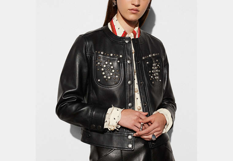 COACH®,STUDDED LEATHER JACKET,Leather,Black,Front View