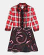 COACH®,SHORT SLEEVE PLAID AND SCARF DRESS,Mixed Material,Red.,Scale View