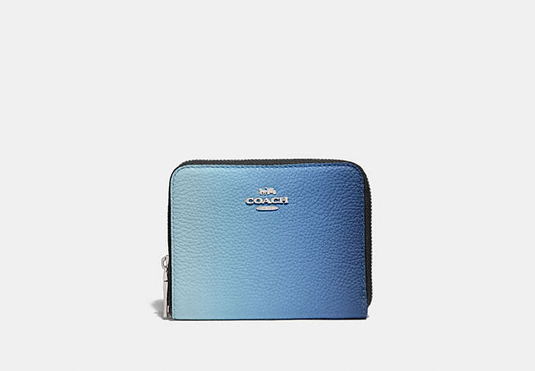 COACH®,SMALL ZIP AROUND WALLET WITH OMBRE,Leather,Silver/Blue Multi,Front View