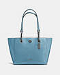 COACH®,TURNLOCK CHAIN TOTE 27,Leather,Medium,Dark Gunmetal/Chambray,Front View