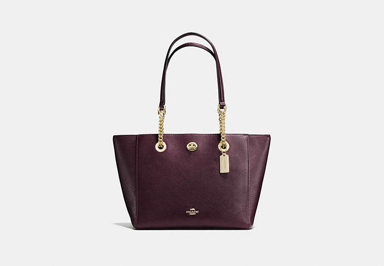 COACH®,TURNLOCK CHAIN TOTE 27,Medium,Light Gold/Oxblood,Front View