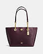 COACH®,TURNLOCK CHAIN TOTE 27,Leather,Medium,Light Gold/Oxblood,Front View