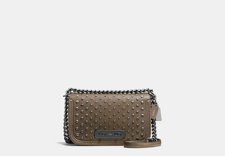 COACH®,COACH SWAGGER SHOULDER BAG IN PEBBLE LEATHER WITH OMBRE RIVETS,Leather,Mini,Dark Gunmetal/Fatigue,Front View