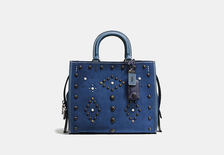 COACH®,ROGUE WITH WESTERN RIVETS,Suede,Large,Pewter/Denim,Front View