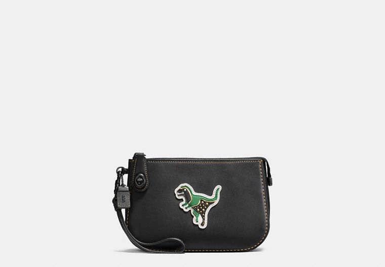 COACH®,VARSITY PATCHES TURNLOCK POUCH IN GLOVETANNED LEATHER,Leather,Black Copper/Black,Front View