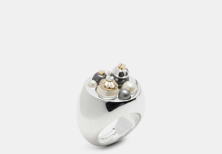 COACH®,PEARL DAISY RIVET VARSITY RING,Mixed Material,GD/BLACK/WHITE,Front View