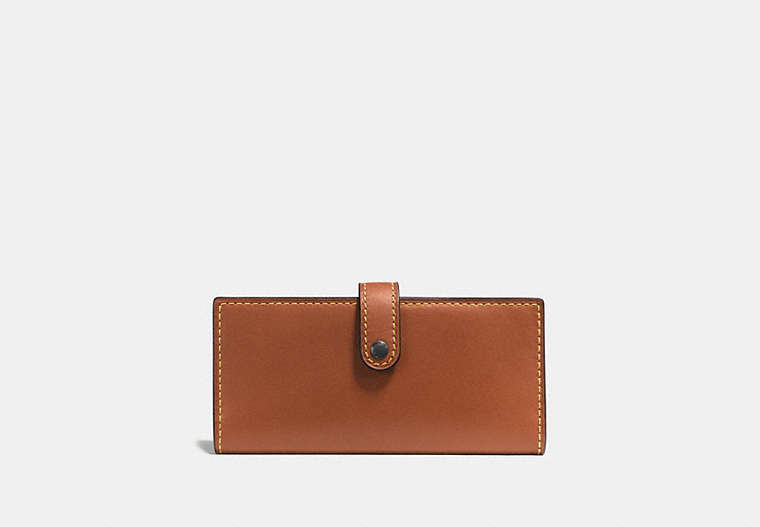 COACH®,SLIM TRIFOLD WALLET,Leather,Black Copper/1941 Saddle,Front View