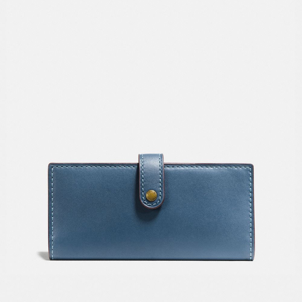 COACH®,SLIM TRIFOLD WALLET,Leather,Brass/Dark Denim,Front View