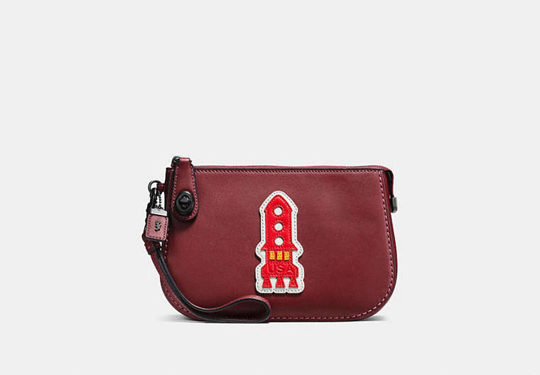 COACH®,TURNLOCK POUCH WITH VARSITY PATCHES,Leather,Black Copper/Bordeaux,Front View