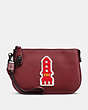 COACH®,TURNLOCK POUCH WITH VARSITY PATCHES,Leather,Black Copper/Bordeaux,Front View