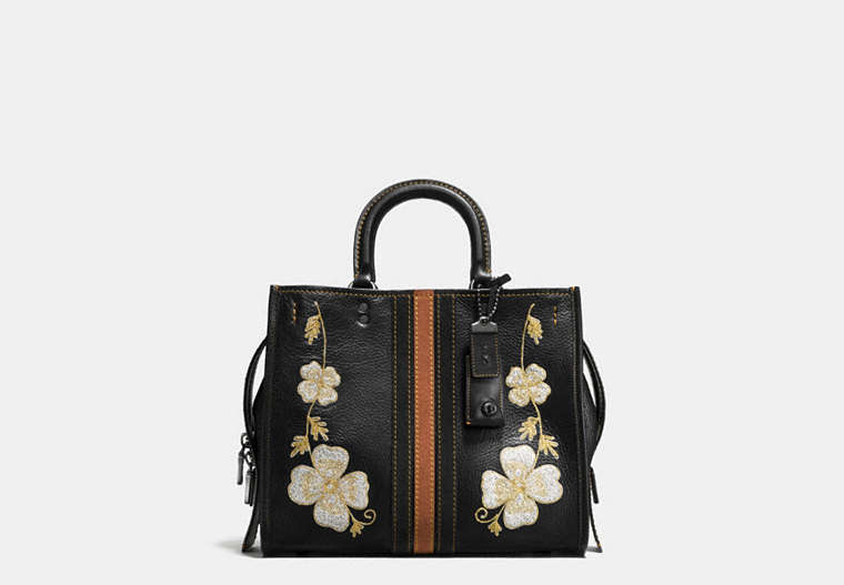 COACH®,WESTERN EMBROIDERY ROGUE BAG IN PEBBLE LEATHER,otherleather,Large,Black Copper/Black,Front View