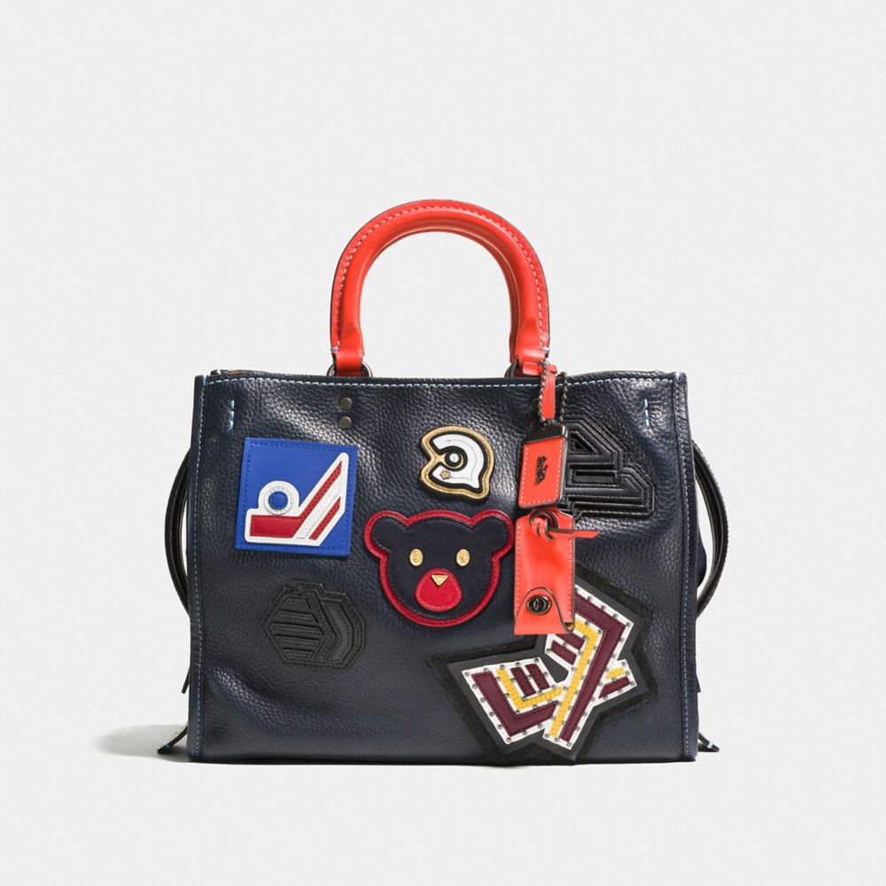 COACH®,VARSITY PATCH ROGUE BAG IN PEBBLE LEATHER,Leather,Large,Navy/Black Copper,Front View